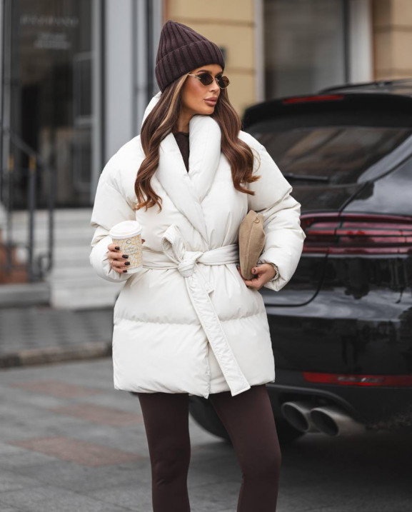 19 Пуховик подовжений з шалевим коміром з поясом